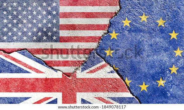 Grunge USA vs UK vs EU (European Union) flags\
icon isolated on broken weathered cracked wall background, abstract\
US UK EU politics economy relationship divided conflicts concept\
texture wallpaper