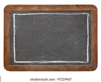 Grunge Vintage Slate Blackboard With White Chalk Rectangle, Isolated On White