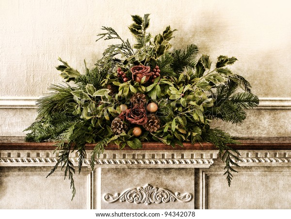 Grunge Vintage Victorian Christmas Floral Arrangement Stock Photo
