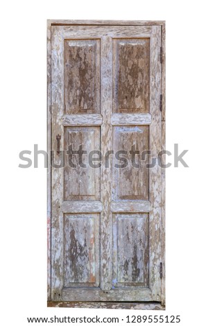Grunge weathered mossy wooden door on white background