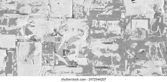 Grunge Wide Background with Old Torn Posters. Urban Graffiti Wall Texture. Grungy Ripped Wall with Torn Posters and Ads Background. Panoramic Urban Wallpaper. Graffiti Wall Texture. - Shutterstock ID 1972544207