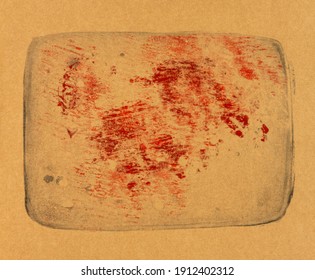 Grungy Abstract Printmaking Texture On Paper Background, Red And Black Ink On Brown Paper