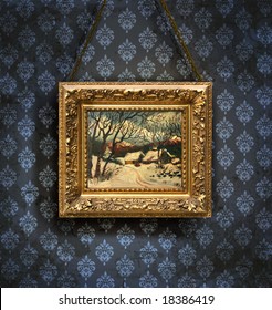 Grungy Antique Wallpaper Background With Framed Painting