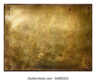 Grungy brushed yellow metal brass plate with screws - Powered by Shutterstock