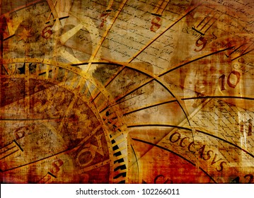Grungy design with mysterious time machines, clock and old letters composition in warm tone