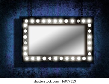 A Grungy Mirror With Marquee Lights Hanging By Chains. Grunge Velvet Wallpaper In The Background.