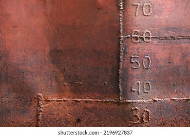 Grungy Old Ship Hull With Weld Seams And Draft Marks, Front View, Background Photo Texture