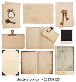 Grungy paper sheets with clock and key isolated on white background. Used cardboard texture