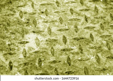 Grungy Rust Metal Dimond Floor With Blur Effect In Yellow Tone. Abstract Background And Texture For Design.