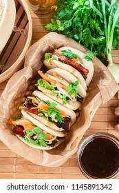 Gua bao, steamed buns with pork belly and vegetable. Asian cuisine. Top view