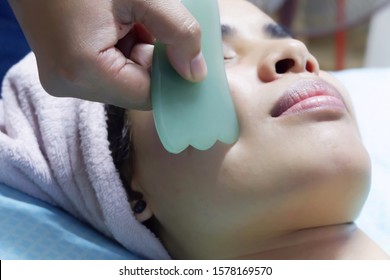 Gua Sha Facial Massage With Stone Roller Asian Young Woman Soft  FocussG 43