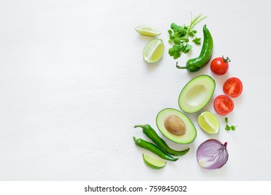 Guacamole Cooking Ingredients Concept Background With A Space For A Text, Flat Lay Arrangement, Overhead View