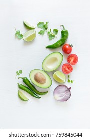 Guacamole Cooking Ingredients Concept Background With A Space For A Text, Flat Lay Arrangement, Overhead View