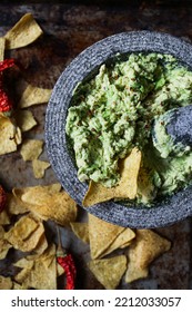 Guacamole Dip Salsa In A Molcajete.