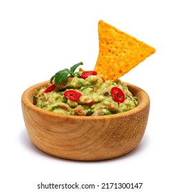 guacamole dip sauce in wooden bowl and nachos chips isolated on white background - Powered by Shutterstock