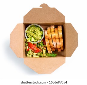 Guacamole And Grilled Bread In Take Away Box, Top View