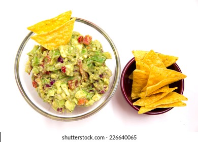 Guacamole And Nachos On A White Background Seen From Above