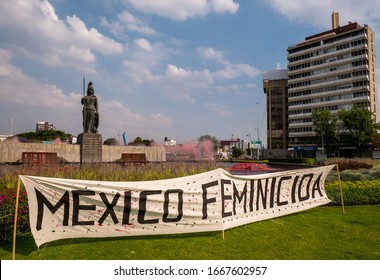 Guadalajara, Jalisco /  Mexico - March 8 2020: Water at Guadalajara's Minerva monument has been dyed red for International Women's Day, to protest the country's high rate of femicides. 