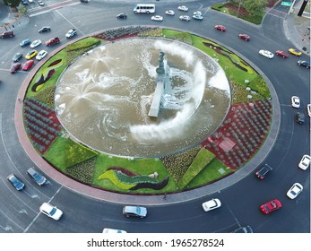 Guadalajara, Mexico - April 22 2018: Lateral view of the statue of Minerva in the roundabout with the fountain