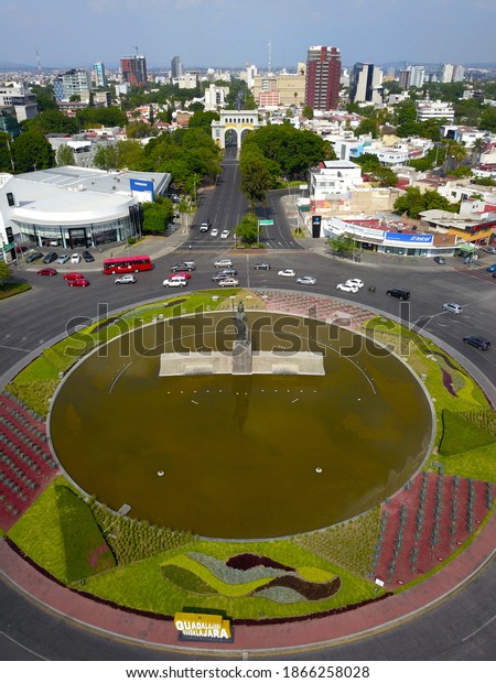 Guadalajara, Mexico - July 7 2019: Aerial\
Vertical view of the Minerva traffic circle,\
Jalisco