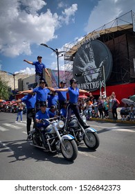 Guadalajara, Mexico - October 6 2019: Motorbike Display Team Of Traffic Police Acrobatic Squadron Of Jalisco Performing For The 