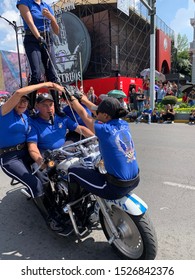 Guadalajara, Mexico - October 6 2019: Motorbike Display Team Of Traffic Police Acrobatic Squadron Of Jalisco Performing For The 