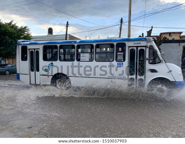 Guadalajara, Mexico - September 20 2019: Urban\
city bus drives through flooded street after heavy rain in the\
afternoon or\
evening