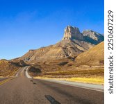 Guadalupe Mountains National Park landscape near El Captain Viewpoint on Route 62 in Salt Flat, Dell City, Texas, USA, square retro-style autumn road scenery with golden grasses