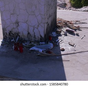 GUADELOUPE - FEBRUARY, 2019 : Candles And Offerings After A Voodoo Ceremony