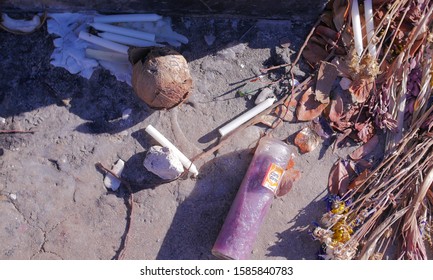 GUADELOUPE - FEBRUARY, 2019 : Candles And Offerings After A Voodoo Ceremony