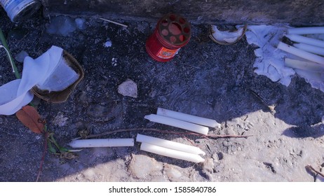 GUADELOUPE - FEBRUARY, 2019 : Candles And Offerings After A Voodoo Ceremony