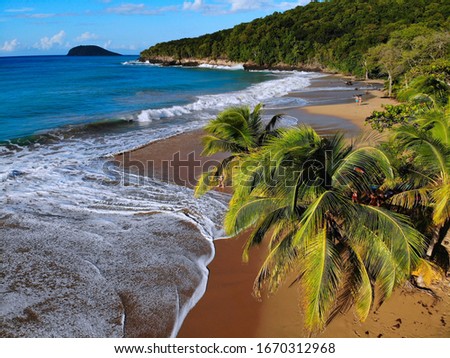 Guadeloupe sandy beach drone view. Caribbean vacation landscape. Perle Beach (Plage de la Perle).