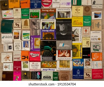 León, Guanajuato, Mexico - February 09, 2021: Top View Of Vintage Matchbook Collection. Matchbook Design And Art. Hotel, Bar, Musuem, Brands Desing In Matchbooks.