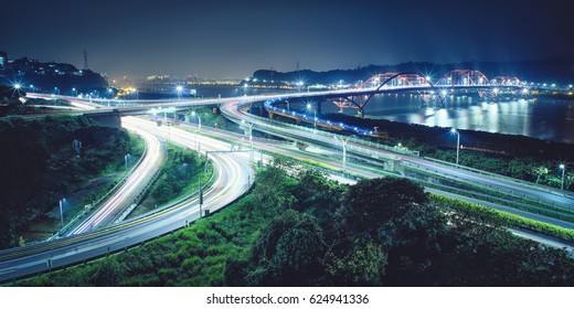 Guandu Bridge Night View From Bali District, New Taipei, Taiwan.