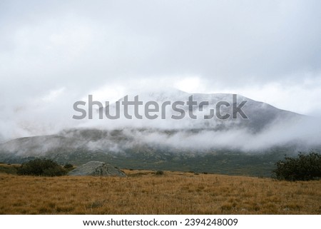 Guanella pass, mountain pass in Colorado. Fog over mount Bierstadt, rainy fall day