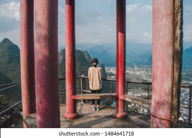 GUANGXI,GUILIN 14 may 2019 - the girl watching view of the Li River seen from Laozhai Mountain (Laozhai Shan),located at Xingping ancient town,Yangshuo town