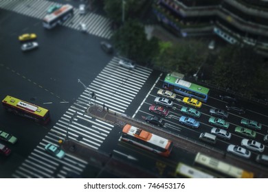 Guangzhou, China. 10 MAR 2014: Top View Of Street In Guangzhou, China. Miniature Tilt Shift Lens Effect.