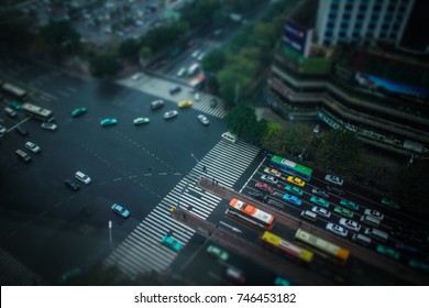 Guangzhou, China. 10 MAR 2014: Top View Of Street In Guangzhou, China. Miniature Tilt Shift Lens Effect.