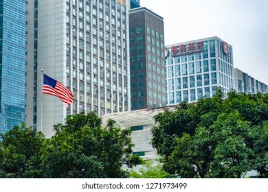 Guangzhou, China - APR 2018: The National Flag Of The United States Of America In US Consulate General In Guangzhou, Zhujiang New Town, Tianhe District