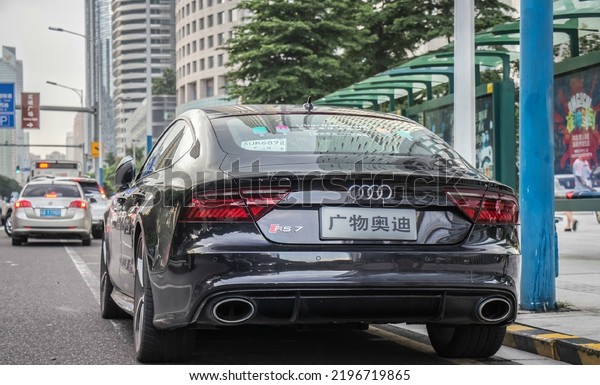 Guangzhou, China- August 18,2022: a black Audi RS7\
sedan is parked in\
street