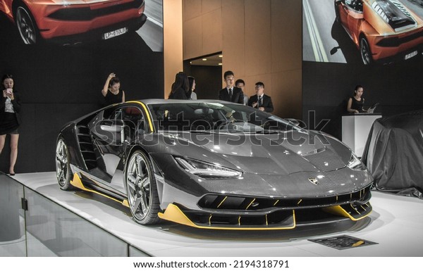 Guangzhou, China- August 18,2022: A\
grey Lamborghini Centenario hypercar is parked in\
showroom