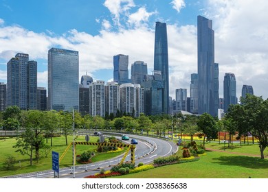 Guangzhou, China- July 8th 2021, Skyline Of Zhujiang New Town Of Sunshine Days During Covid 19,  