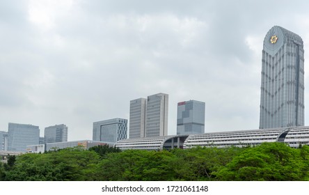 GUANGZHOU ,CHINA - MAY 05, 2018: Canton Fair Building Complex And Hotels With Blue Sky In A Rainy Day.