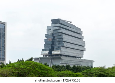 GUANGZHOU ,CHINA - MAY 05, 2018: Canton Fair Building Complex And Hotels With Blue Sky In A Rainy Day.