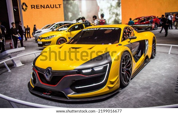 Guangzhou, China- September 1,2022: A yellow\
RENAULT Sport car  is parked in\
showroom