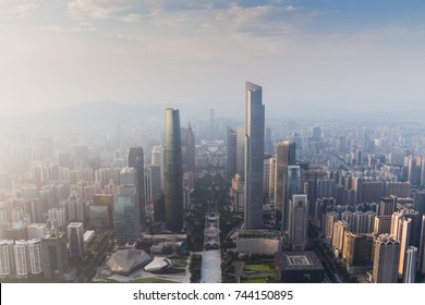 Guangzhou City In Fog At Sunny Morning At Summer Day, Aerial View, China