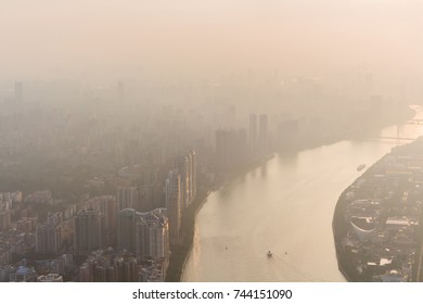 Guangzhou City, Zhujiang River In Fog During Sunrise, China, Top View