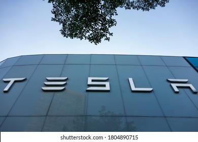 Guangzhou Guangdong China 08/29/2020:New Energy Vehicle Tesla Billboard