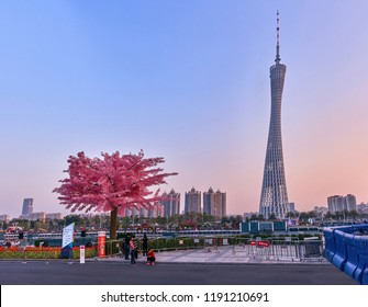 GUANGZHOU, GUANGDONG PROVINCE, CHINA - FEBRUARY 28, 2018:  Canton Tv Tower View At Sunset