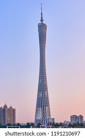 GUANGZHOU, GUANGDONG PROVINCE, CHINA - FEBRUARY 28, 2018:  Canton Tv Tower View At Sunset